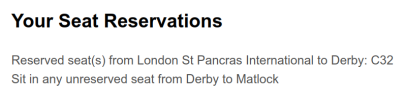 Extract from confirmation email showing no seat reserved from DBY -> MAT