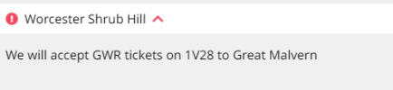 Worcester Shrub Hill We will accept GWR tickets on 1V28 to Great Malvern