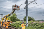 Swinging cantilever arm positioned parallel to track during recent Barrhead electrification works