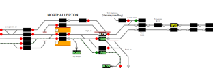 Screenshot from Traksy showing Northallerton station, to the North (right on the diagram) the word BLOK is written in, 1E23 is beneath the word blok, with 1P33 further North