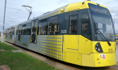 tram at Trafford Centre, the pantograph is quite high up