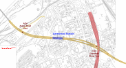 A technical drawing showing the Metro tunnels under Gateshead with vents shown at Askew Road and Chandless Street. The closed flyover is shown in red.
