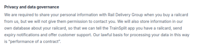 We are required to share your personal information with Rail Delivery Group when you buy a railcard from us, but we will not give them permission to contact you.