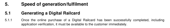 Once the online purchase of a Digital Railcard has been successfully completed, including application verification, it must be available to the customer immediately.