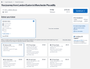 Ticket information screen showing selection of tickets after choosing out/return trains. Visible in a blue coloured rectangular box: For some of your tickets: [x] Must follow booked itinerary [x] Non-refundable On the left, below facility information (air conditioning, on-board shop etc) is a grid of ticket options