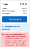 Giant red box that says Some of this journey does not have first class accommodation