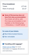  Some of this journey does not have first class accommodation. Your tickets will still be valid.  First class accommodation is not available on the following legs:      Shrewsbury -> Cardiff Central