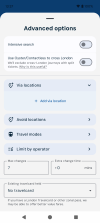 Advanced options in the Android app. Intensive search, Use Oyster/CPAY to cross London, Via/Avoid locations, travel modes, operator restrictions, limit by operator, max changes, extra change time, travelcards.