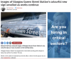 Image shows a headline from the Glasgow Times Images of Glasgow Queen Street Station's colourful new sign unveiled as works continue, followed by an image of the station at street level showing lettering which has white and blue protective film over the letters.