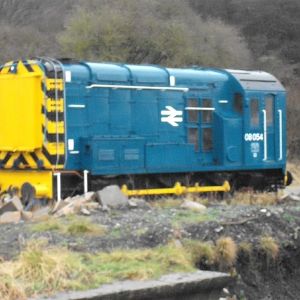 Ex. Swinden Quarry shunter 08054 parked in a siding at Bolton Abbey with its new paint glistening in the sun.