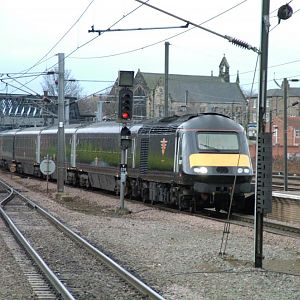 43080 at the front leading into York. The extent of the electrification process can be seen here!