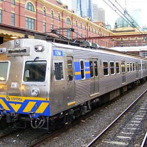 A newly refurbished 6 car Hitachi train at Flinders Street Station. July 31st, 2009.