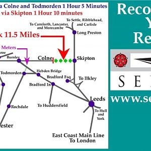 Railway Map showing the two missing Links, one being the Line from Colne to Skipton 11.5 miles (19KM) and the Todmorden Curve 400 Meters.

SELRAP ai