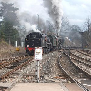 LMS Black 5 No. 44871 and BR Standard 7P No. 70013 Oliver Cromwell leaving a siding near Hereford after taking on water on the 2nd April 2010, while w