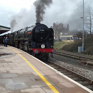 LMS Black 5 No. 44871 and BR Standard 7P No. 70013 Oliver Cromwell in Hereford station on the 2nd April 2010, while working 'light engines' to Bristol