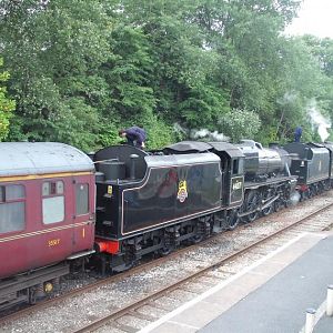 LMS Black 5s No. 45407 and 44871 in Llandrindod Wells station with the The Central Wales Explorer on the 3rd July 2010.