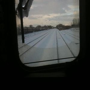 The view from DBSO 9714 in the snow, as we wait for the road from a goods loop somewhere in North Yorkshire working 2Q08.