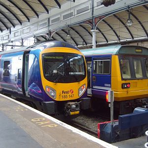 DMUs in the bay platforms at Newcastle.
