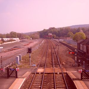 The east end of Hexham. The old goods yard was on the right; the distinctive signalbox is in the background; new sidings are on the left.