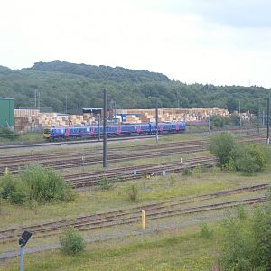 A Class 185 passes Tyne Yard on the East Coast Main Line, bound for Newcastle .