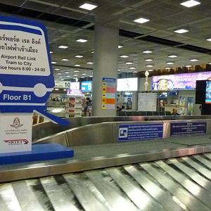 Bangkok Airport Rail Link advertised in the airport baggage reclaim area