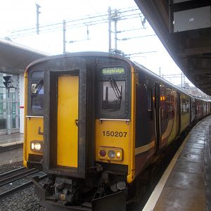 150207 at Stockport, about to work the 10:13 Denton Flyer service to Stalybridge. It had been switched from platform 3A to platform 1 about 10 mins be