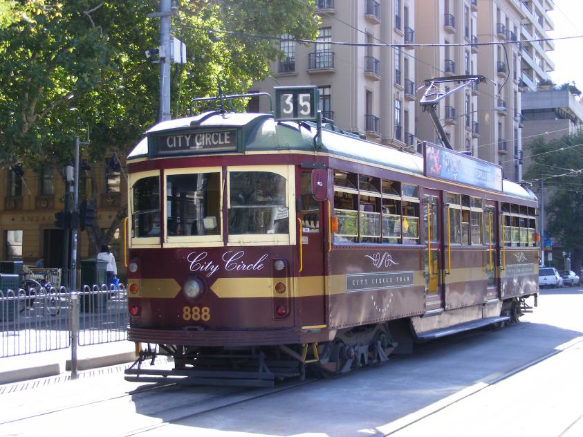 A City Circle liveried W class tram on Spring Street in Melbourne.