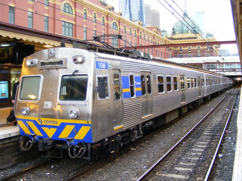 A newly refurbished 6 car Hitachi train at Flinders Street Station. July 31st, 2009.