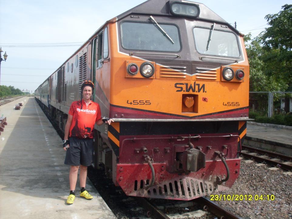 Me with a Thailand loco and train somewhere in Thailand during my second bike tour of the country.