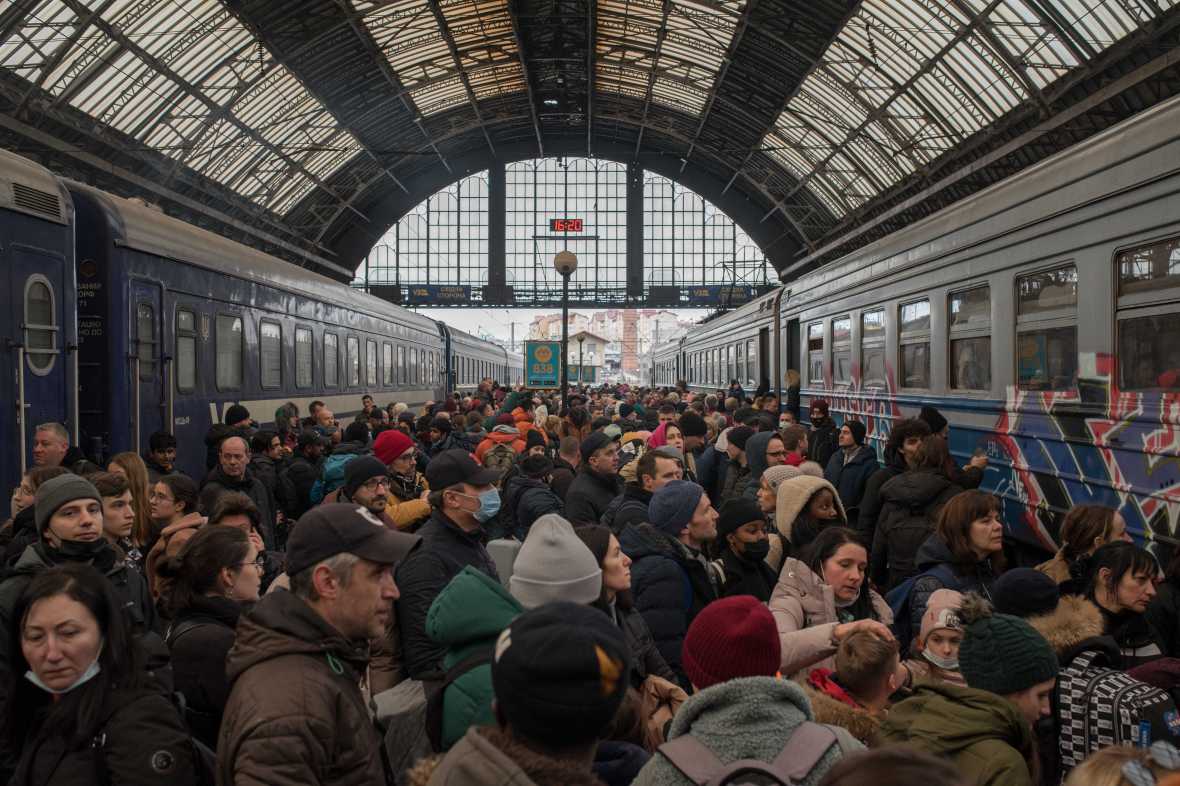 Crowds waiting on the platform at Lviv station on a day when only two trains were running