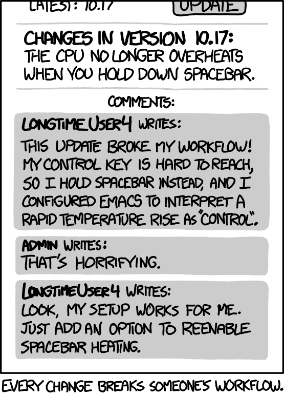 xkcd Workflow comment: text reads Every change breaks someone's workflow. See https://www.explainxkcd.com/wiki/index.php/1172:_Workflow