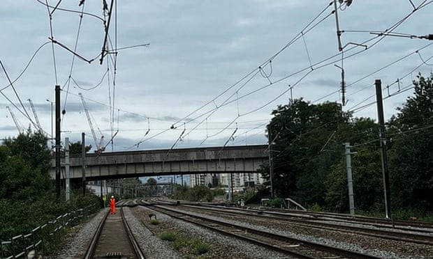 Damaged overhead electric wires near Hayes and Harlington station, west London.