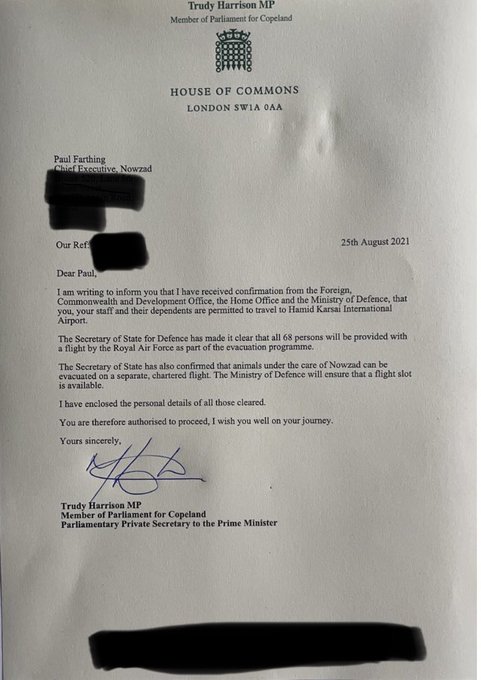 Letter from Trudy Harrison, MP, Parliamentary Private Secretary to the Prime Minister to Paul Farthing, informing him that he and his staff can fly out of Kabul with the RAF, and that the animals can fly on a charter flight